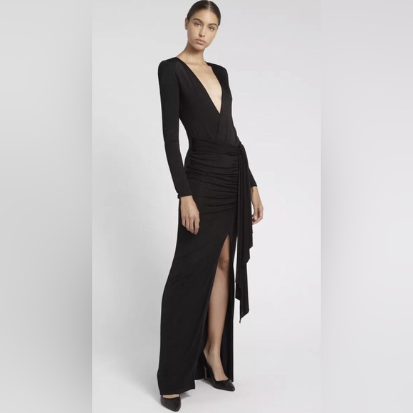 Alice + Olivia Kyra Deep V Neck Slinky Faux Wrap Long Dress - Picture 1 of 10